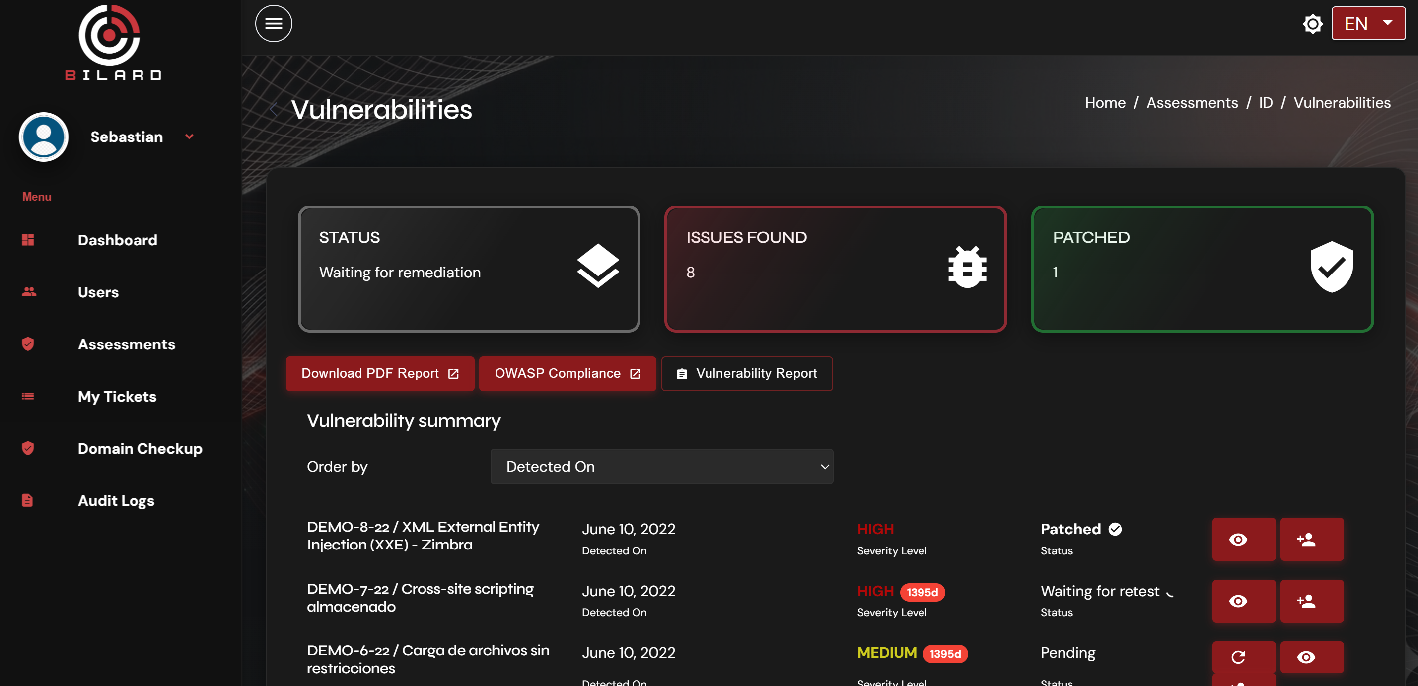 Captura de pantalla del dashboard de Bilard App mostrando hallazgos de seguridad en tiempo real